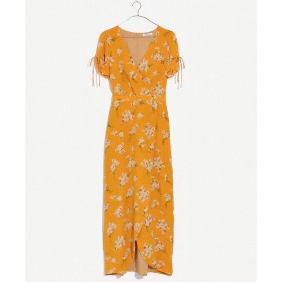 Madewell Dress Women's 2 Golden Yellow Silk Wrap Maxi Butterfly Garden Floral - Picture 1 of 6